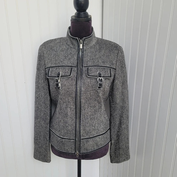 Michael Kors Womens Jacket Gray Black Leather Trim Wool Full Zip Wool Casual M - Picture 1 of 16
